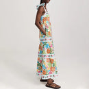 the BRADY BOHO - Summer Spaghetti Strap Long Boho Sleeveless Low Cut Beach Fashion Floral Print Tie Up Pleated Dress