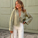 the BOHO TIE - Female Street Tops Linen Lace Up Long Sleeve Fashion Chic Casual Loose V-Neck Shirt