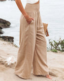 the CASUAL BOHO - Women Casual High Elastic Waist Cotton Linen Boho Beach Wear Wide Lag Pants Loose Oversize Casual Pants