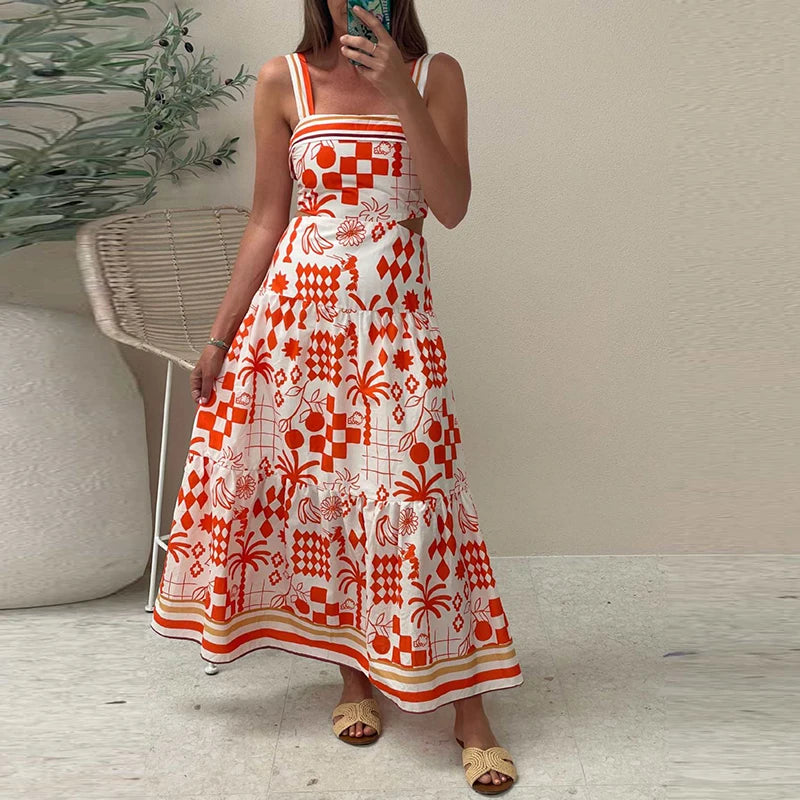 Casual Summer Pattern Print Beach Suspender Dress New Fashion Hollow Waist Bohemian Dress Elegant Women Sleeveless Party Dress