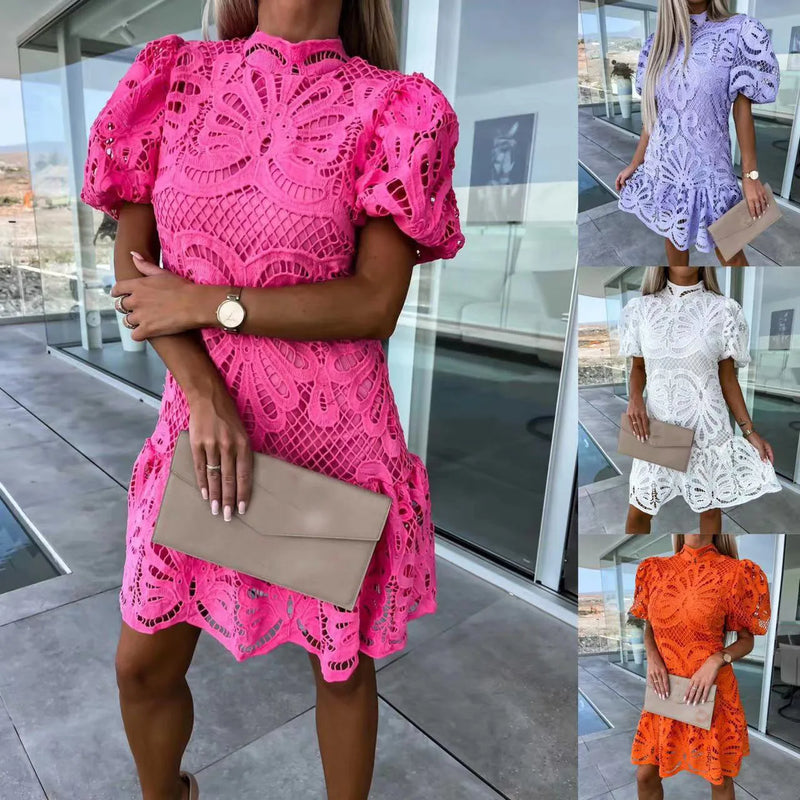 Elegant Stand Collar Puff Sleeve Solid Color Women Dresses Sexy Lace Hook Flower Hollow Short Dress Summer New Casual Robe Femme