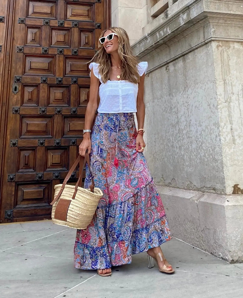 Boho Women Long Floral Skirts Summer Autumn Loose Casual Skirt Fashion Elastic Waist Big Hem Long Beach Skirt Women Clothes