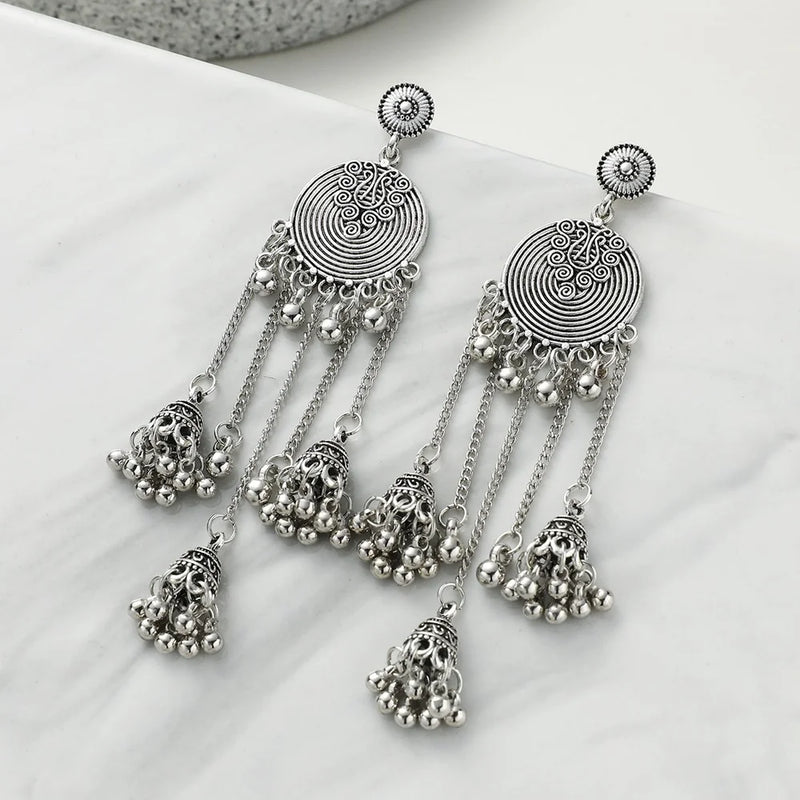 the GONG BELLS - Retro Geometric Round Bead Bells Tassel Long Dangling Earrings Women Indian Jhumka Jewelry