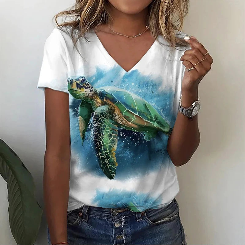 Summer Infauna Shark 3D Print T-shirt Women Streetwear Sea Turtle Shoal T Shirts Y2k Tops Woman V-Neck Tees Oversized Clothing