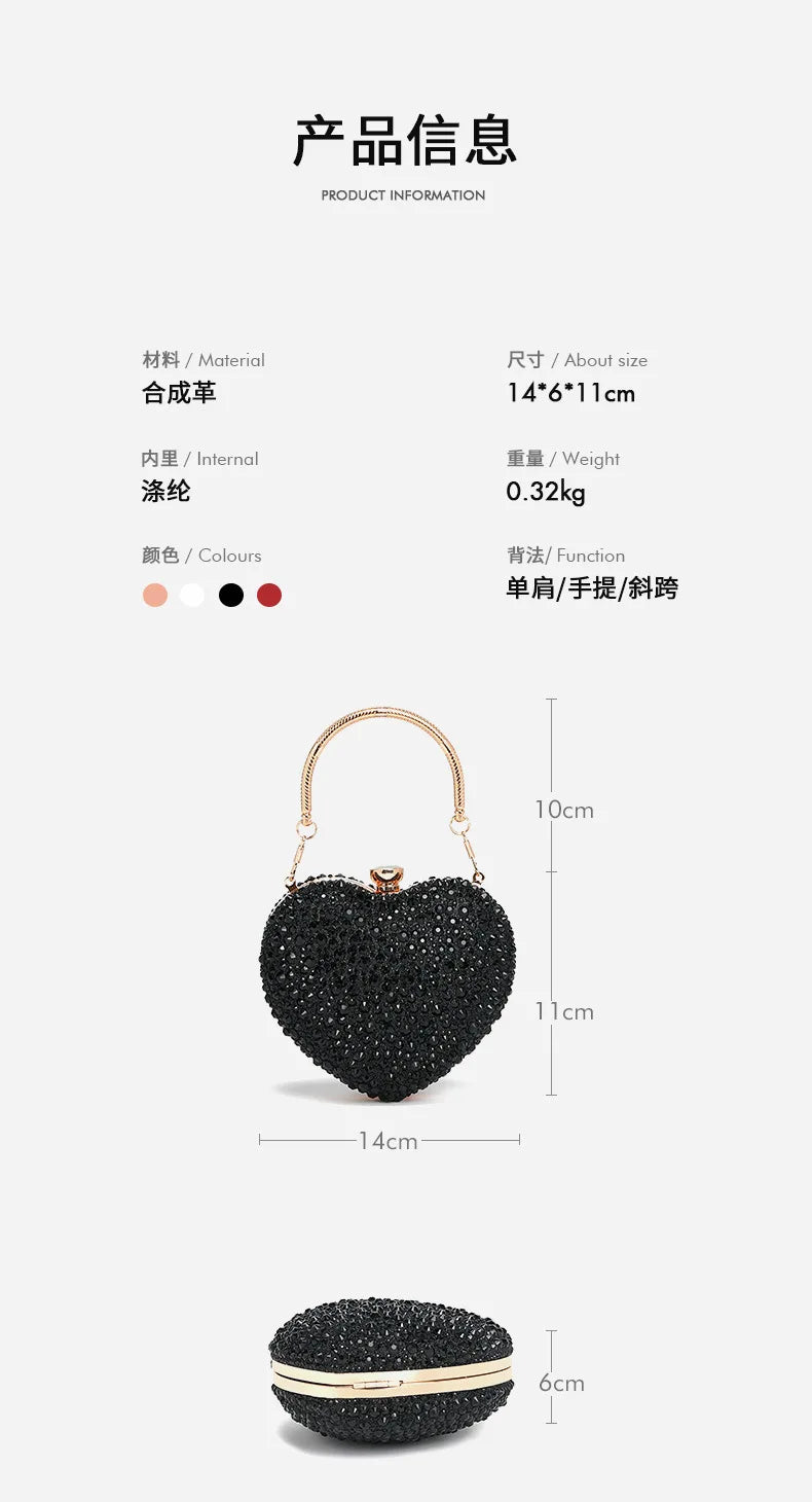 the CRYSTAL HEART - Luxury Diamond Inlay Heart Shape Crystal Clutch Purse, Stones Evening Wedding Party Shoulder Bag, Handle Rhinestone Mini Handbags