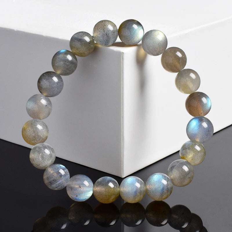 the LABRADORITE - Natural Grey Labradorite Bracelets, Flash Smooth Spectrulite Moonstone Round Elastic Beads Bracelet, Genuine Natural Stone Jewelry