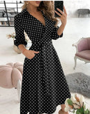 the BOHO WRAP - Spring/Summer V-Neck Fashion Three Quarter Sleeve Printed Polo Long Dress with Waist Tie Up