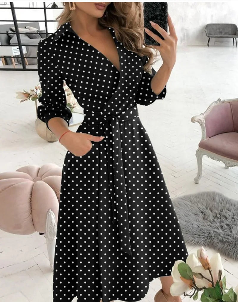 Women V-Neck Dress Spring And Summer New Fashion Three Quarter Sleeve Printed Women's Dress With Waist Tie Up Polo Long Dress