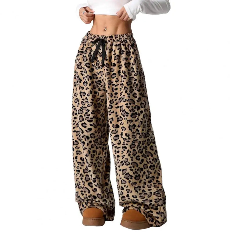 Women's Leopard Pant Casual High Waist Lace-up Elastic Wide Leg Pants Fall Winter New Women's Fashion Animal Print Trousers