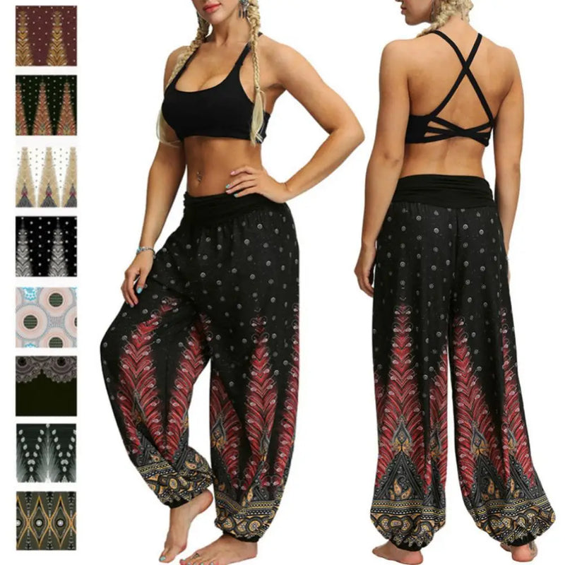 Women Trousers Loose Wide Leg Pants Pants Elastic Waist Bohemian Woman Feather/Flower Print Baggy Harem Pantalon Femme