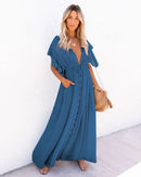 the BEACH BOHO - Summer Long Bikini Cover Ups Solid V-Neck Kimono Beach Lace Up Anti-Sun Swim Bohemian Sarong Dress for Women