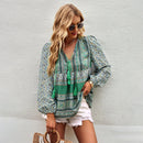 the BAGGY BOHO - Boho Floral Blouse V-Neck Tassel Long Sleeve Bohemian Summer Fashion Shirt for Women