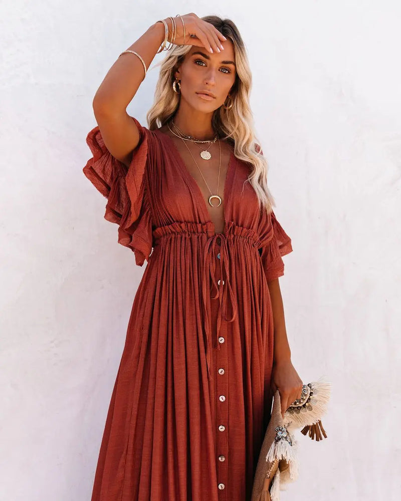 2024 Summer Long Bikini Cover Ups for Women Solid V-Neck Kimono Beach Dresses Lace Up Anti-Sun Swim Dress Bohemian Sarong Skirt