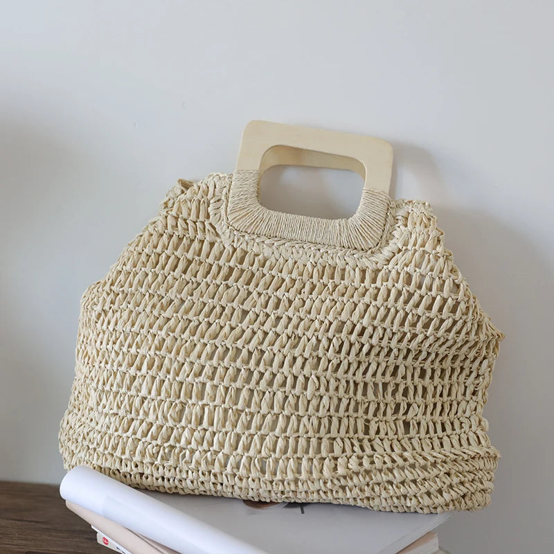 the WOVEN BAG - Straw Bag Rattan Woven Round Tassel Handbag for Women, Large Capacity Shoulder Tote Purse, Ladies Holiday Wood Handle Shopping Bag