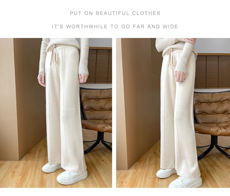 2024 Autumn/Winter New Knitted Women's High Waist Pants,Casual And Loose.  Straight Leg, personalized Floorpants With Elasticity