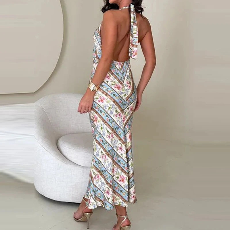 Women Elegant Floral Print Beach Long Dress New Summer Halter Low Cut Slim Party Dress Casual Sleeveless Lace Up Bohemian Dress