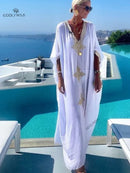 the BOHO KAFTAN - Bohemian Printed V-Neck Batwing Sleeve Long Loose Summer Moroccan Kaftan Dress for Women