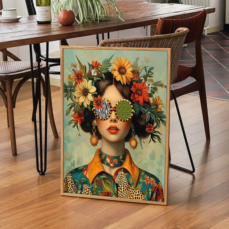 the BOHO BEAUTY - Nordic Boho Fashion Glasses Woman with Flowers Wall Art, Canvas Painting Butterfly with Girl Portrait Poster Prints Mural Picture