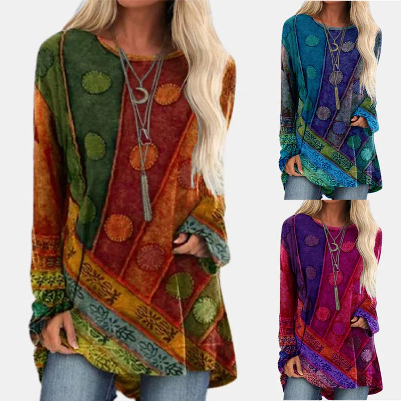 Women Boho Long Sleeve T-Shirt Tunic Tops Ladies Casual Blouse Tee Plus Size Loose Sleeved 2023 Retro Fashion Clothes