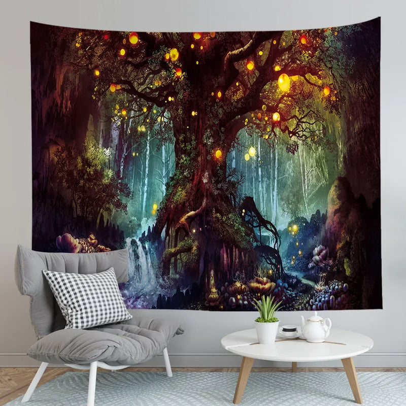 the FOREST LIFE - Tree Wall Hanging Tapestry, Fantasy Magical Tapestry Decorative Wall Decor