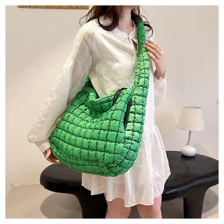 the PUFFY BOHO - Casual Ruched Hobos, Women Shoulder Bags, Quilted Padded Crossbody Bag, Large Capacity Nylon Puffer Tote Bag, Big Shopper Purses