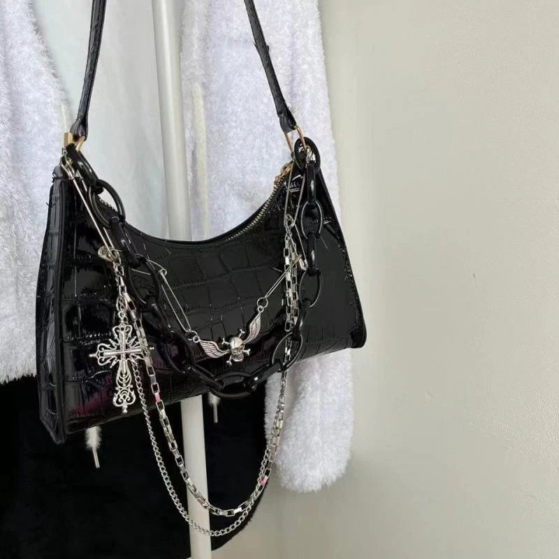 the VAMP GIRL - Retro Women's Underarm Bag, Trend Gothic Skull Chains Handbags and Purse, High Street Punk Cross Shoulder Bags