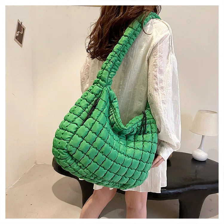 the PUFFY BOHO - Casual Ruched Hobos, Women Shoulder Bags, Quilted Padded Crossbody Bag, Large Capacity Nylon Puffer Tote Bag, Big Shopper Purses