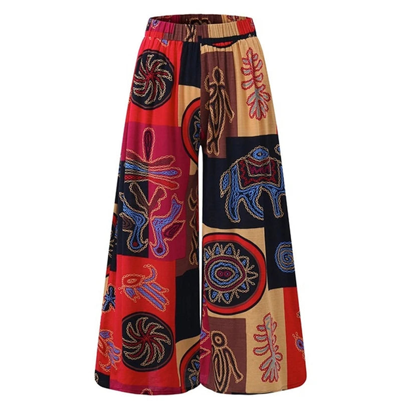 Women Elastic Pants Waist Loose Casual Print Wide Leg Pants Slim For Female Elasticated Trousers Mid Waist Wide Leg Pants