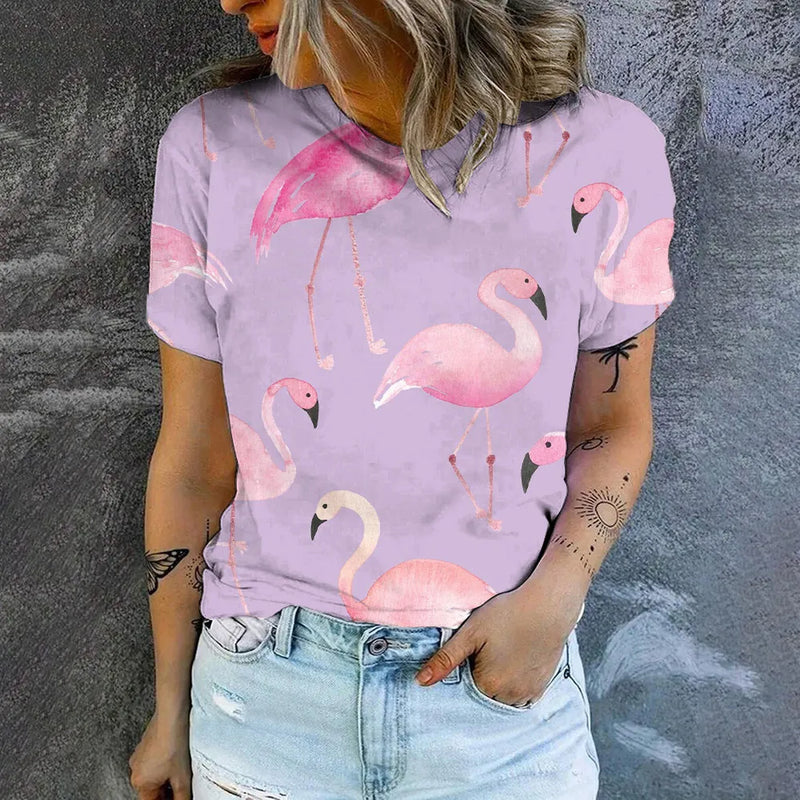 Fashion Trend High Quality Loose Short Sleeve Top Simple Casual Round Neck T-shirt Summer New Flamingo Print Women's T-shirt