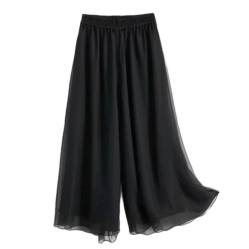 the CHIFFON BOHO - Elegant Fashion Casual Chiffon Elastic Waist Wide Leg Pants