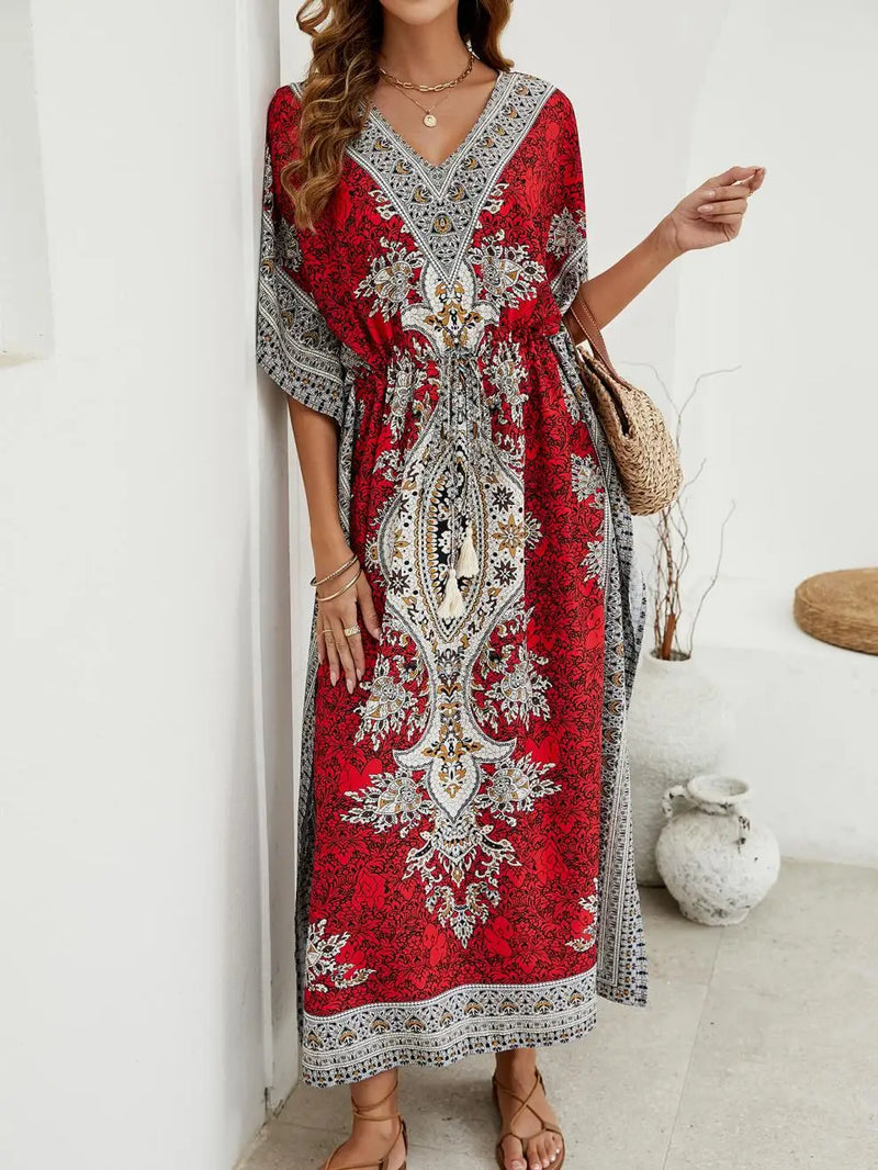 Bohemian V-neck Short Sleeve Beach Smock Dress Women 2023 Summer Loose Casual Sunscreen Print Boho Long Dresses For Women