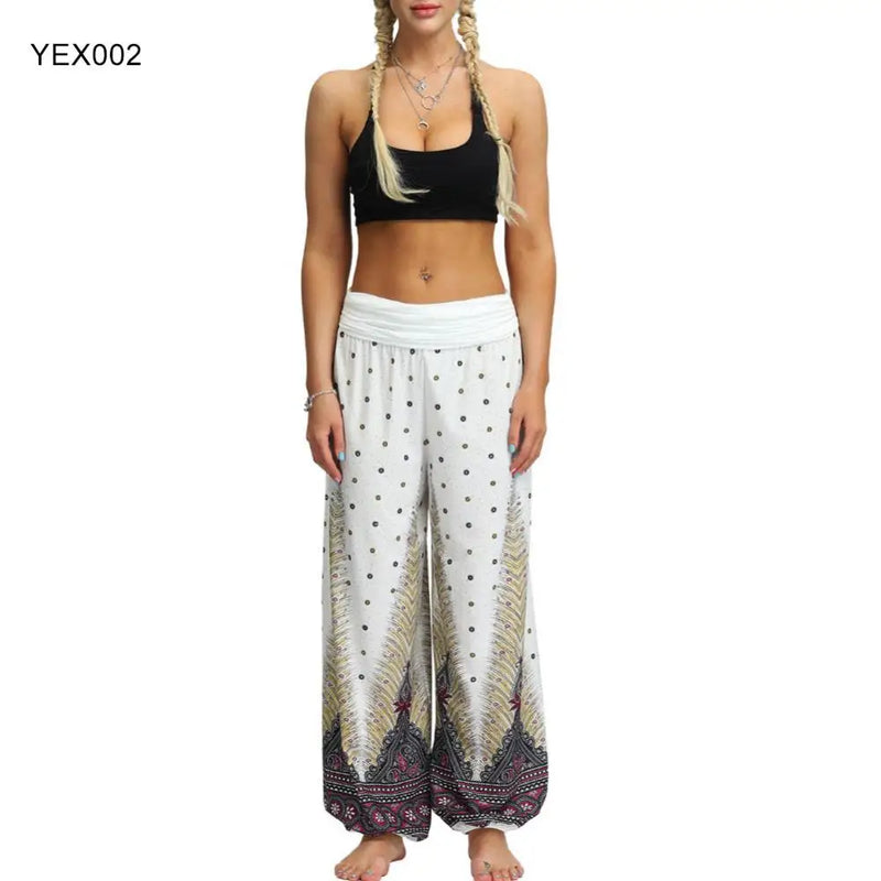 Women Trousers Loose Wide Leg Pants Pants Elastic Waist Bohemian Woman Feather/Flower Print Baggy Harem Pantalon Femme