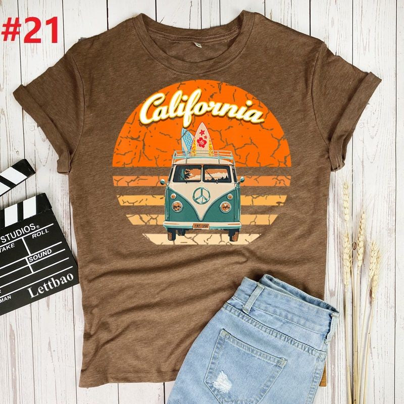 the CALIFORNIA SURF - Retro Wagon Hippie Short Sleeve Print Ladies T-Shirt