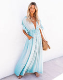 the BEACH BOHO - Summer Long Bikini Cover Ups Solid V-Neck Kimono Beach Lace Up Anti-Sun Swim Bohemian Sarong Dress for Women