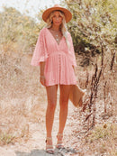 the MINI BOHO - Lace Tunic Sexy Deep V-Neck Button Bikini Cover-Ups Summer Sexy Ruffles Long Sleeves Mini Dresses