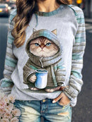 the COFFEE CAT CLUB - Women's Round Neck Animal Cat 3D Printed Autumn/Winter Sweatshirts