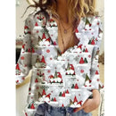the CHRISTMAS CHEER - Christmas Clothing Casual Long Sleeve Button Cute Christmas Tree Santa Claus Print Blouses