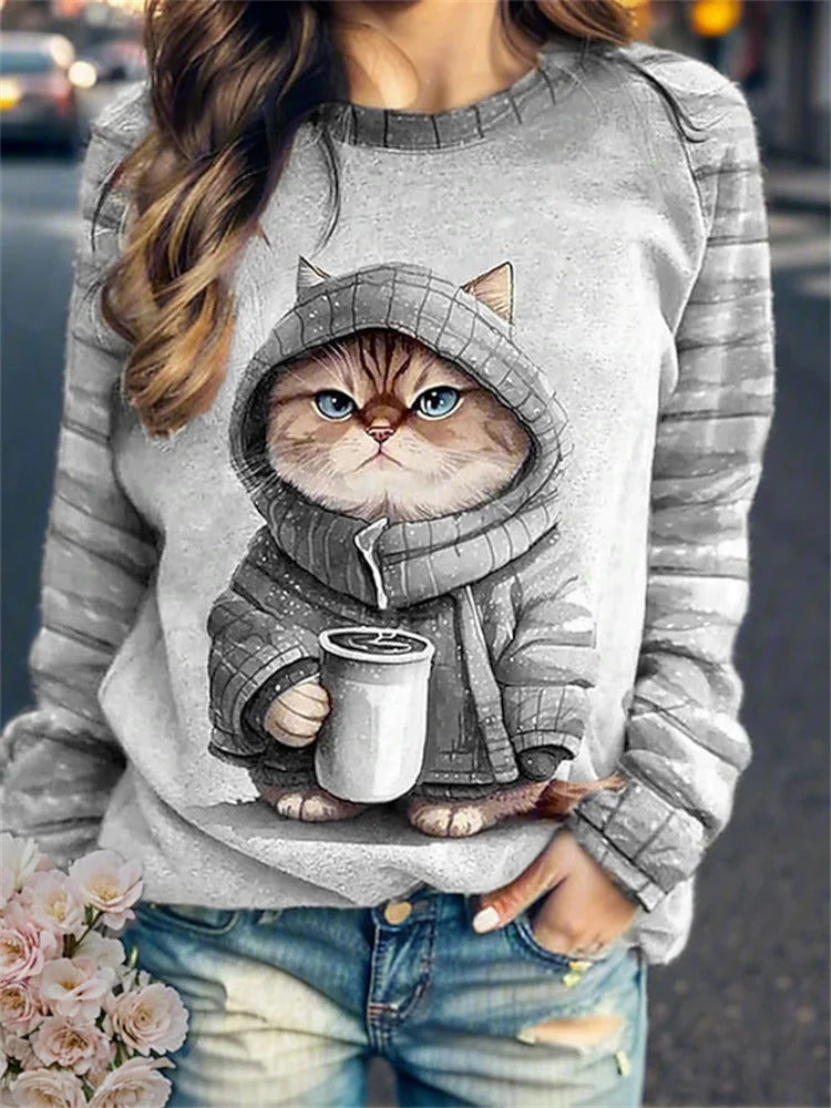 Women's Round Neck Hoodie Animal Cat 3d Printed Shoulder Style Autumn and Winter European and American T-Shirt Women's Clothing