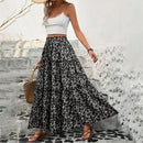 the WHITE FLORAL - Small Floral Waistband Elastic Three-Layer Splicing Long A-Line Pleated Big Swing Skirts