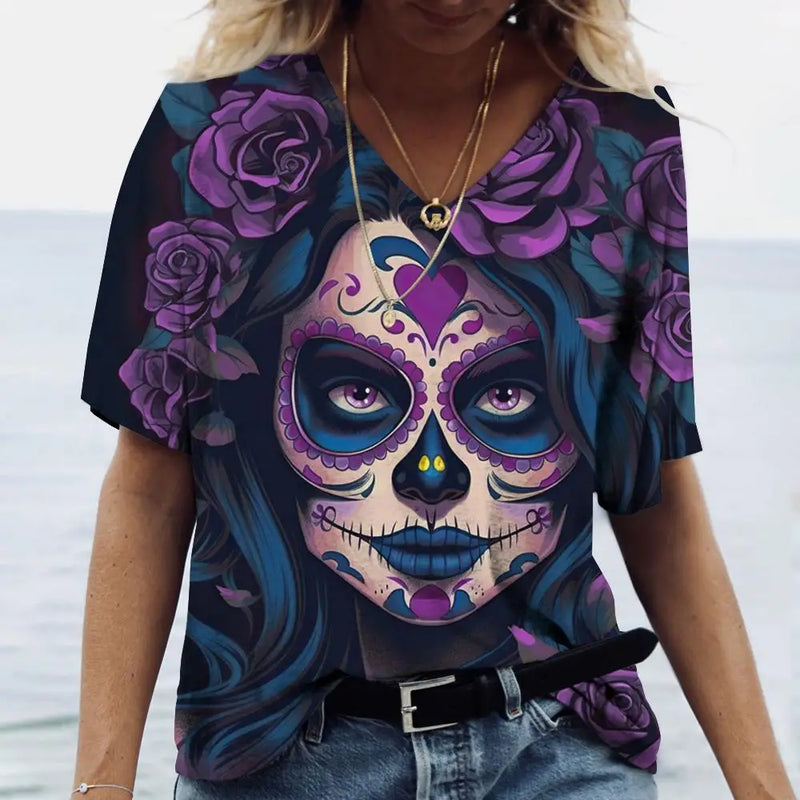 2023 Vintage Skull Face Women's T Shirt Tops V Neck Casual Cotton Short Sleeve Pullover Summer Female Harajuku Punk Streetwear