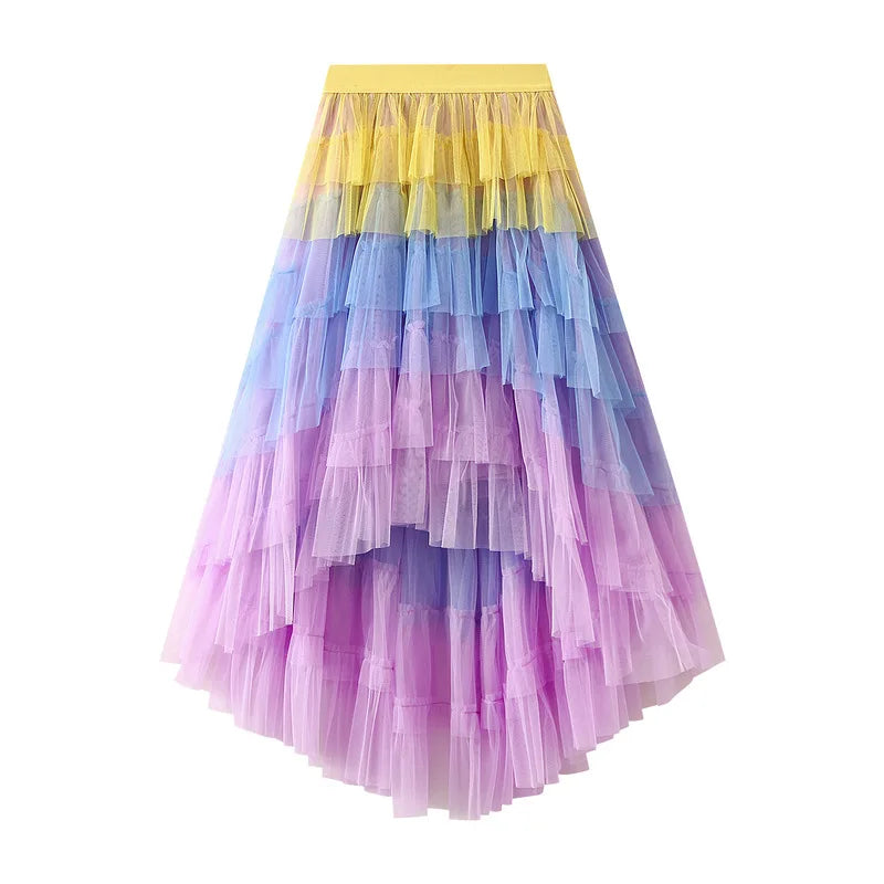 Women's Tulle Skirt Ruffle Multilayer Mesh A Line Tier Tutu Prom  Irregular High Waisted Gradient Rainbow TulleLong Skirt