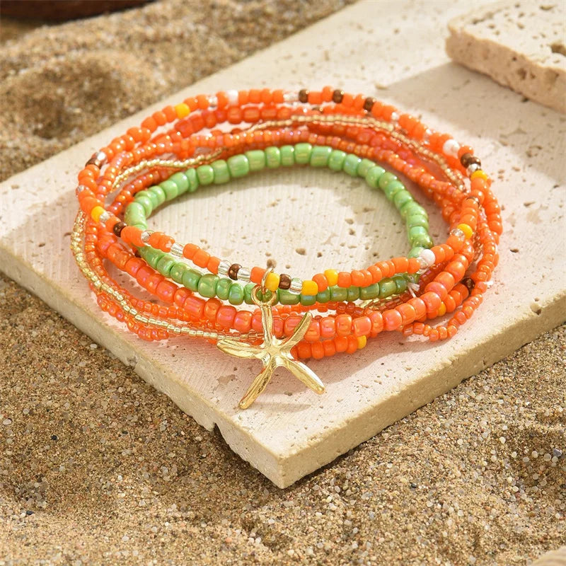 the BEADED STARFISH - Boho Stacking Multilayer Color Rice Beads Starfish Bracelet for Women, Fashion Beaded Rope Chain Summer Beach Wrist Jewelry Gifts