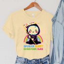 the SPOILER ALERT - Cartoon Rainbow Spoiler Alert Everyone Dies Print Vintage Reaper Sickle T-Shirts for Women