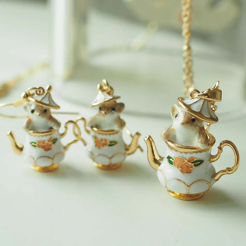 the MOUSE'S TEACUP - Fashion Enamel Mouse French Teapot Earrings/Necklace for Women, Accessories Style Jewelry Charm