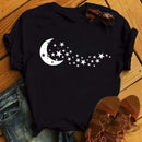 the MOON CHILD - Golden Sun Moon Stars Print Short Sleeve O-Neck Loose T-Shirts for Women