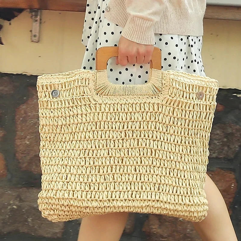 the WOVEN BAG - Straw Bag Rattan Woven Round Tassel Handbag for Women, Large Capacity Shoulder Tote Purse, Ladies Holiday Wood Handle Shopping Bag