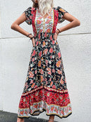 the BANDANA BOHO - Vintage Floral Boho Printed Short Sleeves V-Neck Slit A-Line Bohemian Summer Beach Midi Dresses