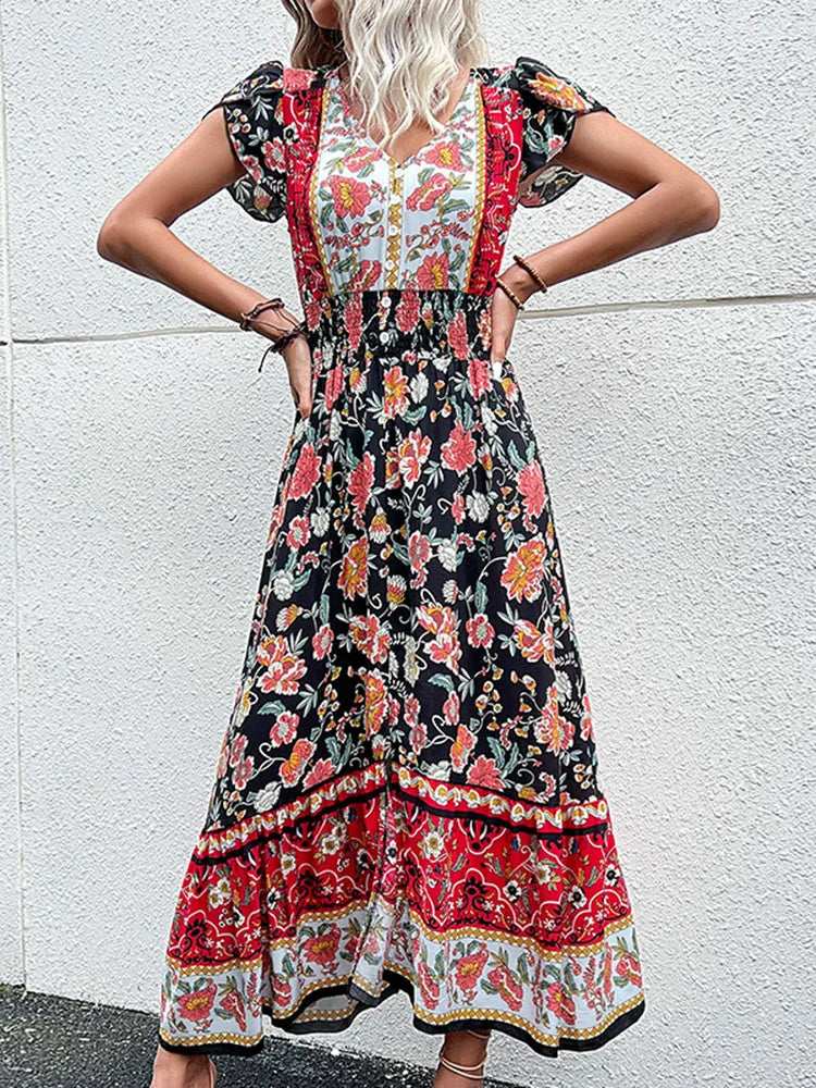 the BANDANA BOHO - Vintage Floral Boho Printed Short Sleeves V-Neck Slit A-Line Bohemian Summer Beach Midi Dresses