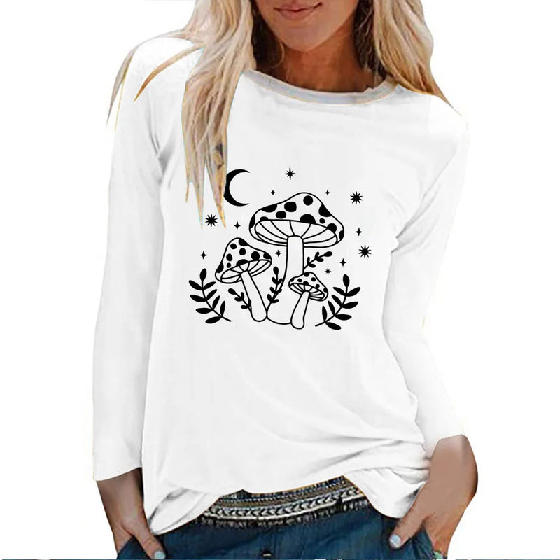 Seeyoushy Mushroom Moon Print Interesting Printed Ladies Top Y2K Harajuku Long Sleeve Ladies T-shirt 2023 New Women's Clothing