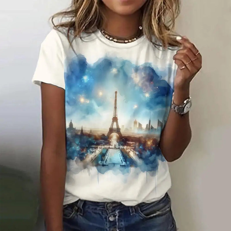 Summer Paris Eiffel Tower 3D Print T-shirts Women Streetwear Casual Fashion Y2k Short Sleeve T Shirt O-neck Tees Tops Clothing